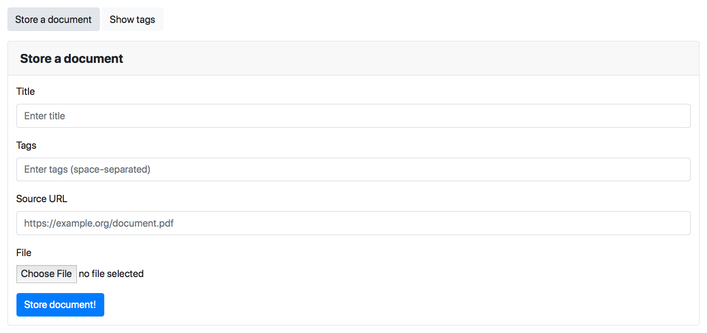 A form titled 'Store a document' with fields 'Title', 'Tags', and 'Source URL'.